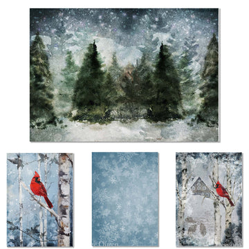 Rice paper featuring 4 stunning winter scenes with snowflakes, red cardinals, and a pine forest.