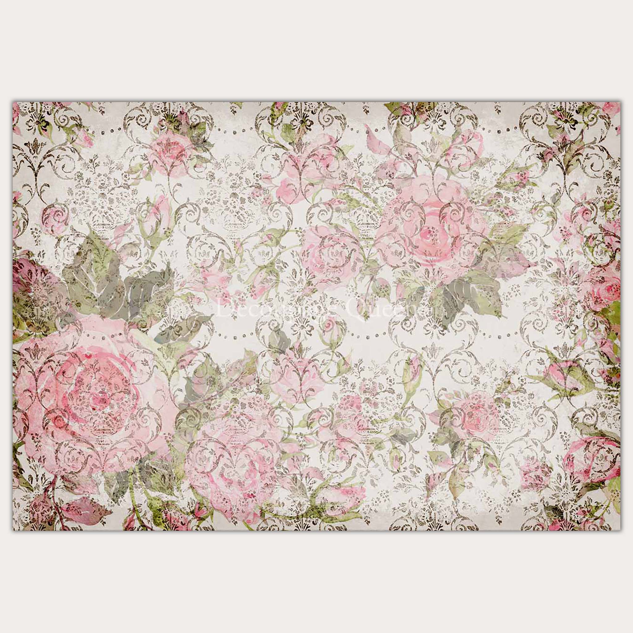 A1 rice paper design that features a repeating dark scroll pattern overlayed on large faded pink roses. White borders are on the top and bottom.
