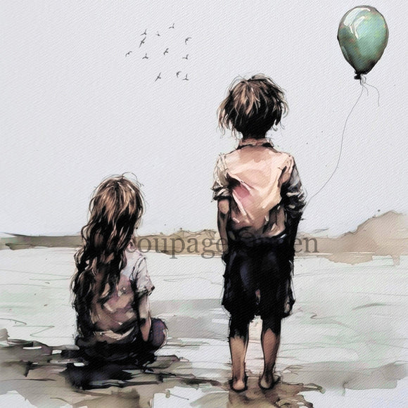 Close-up of a rice paper featuring a watercolor painting of the backs of two children by the shore, birds soaring above, and a balloon drifting nearby.