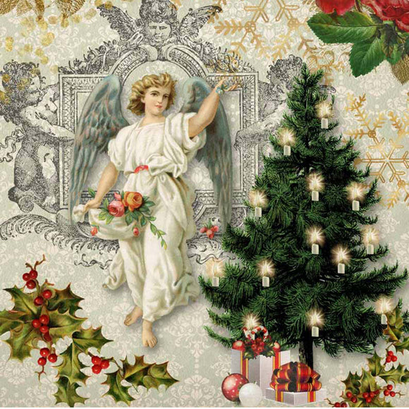 Close-up of a rice paper design featuring a beautiful Victorian design of an angel, a festive tree, and charming holly and poinsettia accents.