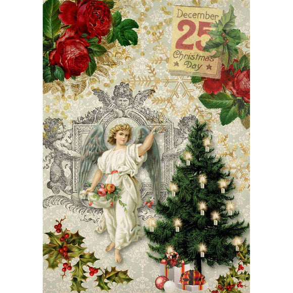 Rice paper design featuring a beautiful Victorian design of an angel, a festive tree, and charming holly and poinsettia accents. White borders are on the sides.