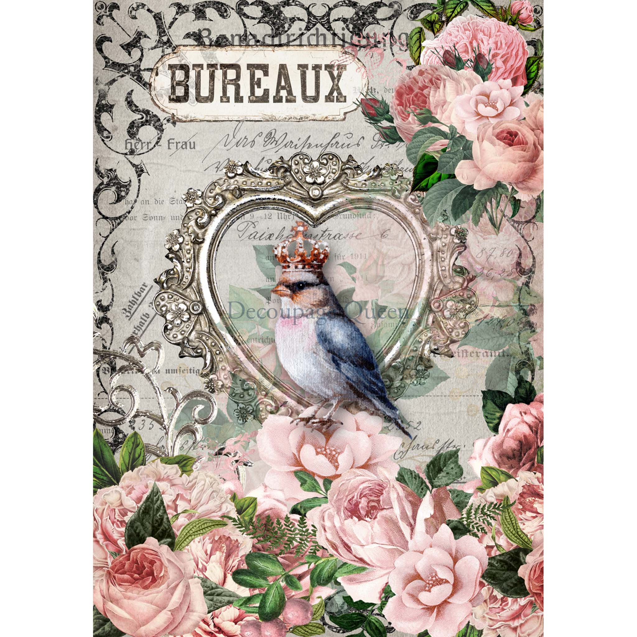 A3 rice paper design that features delicate pink roses, a charming bluebird wearing a crown while sitting in a heart picture frame, and a vintage French document. White borders are on the sides.