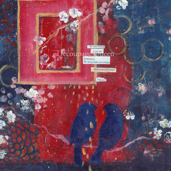 Close-up of a rice paper featuring a stunning red and blue collage print, with delicate white flowers and two charming blue birds perched on a branch.