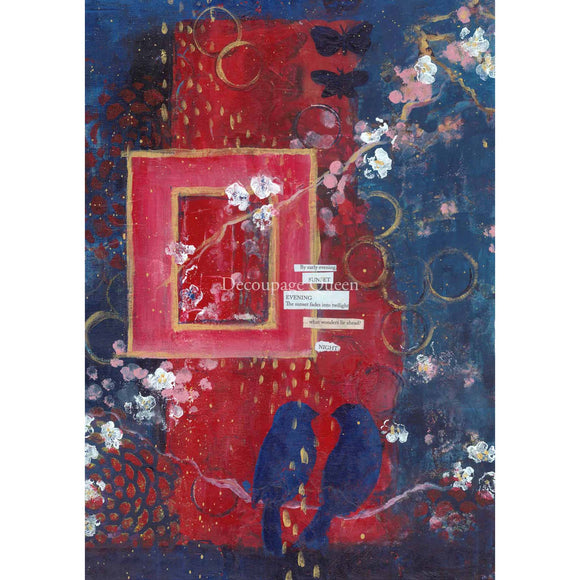 Rice paper featuring a stunning red and blue collage print, with delicate white flowers and two charming blue birds perched on a branch. White borders are on the sides.