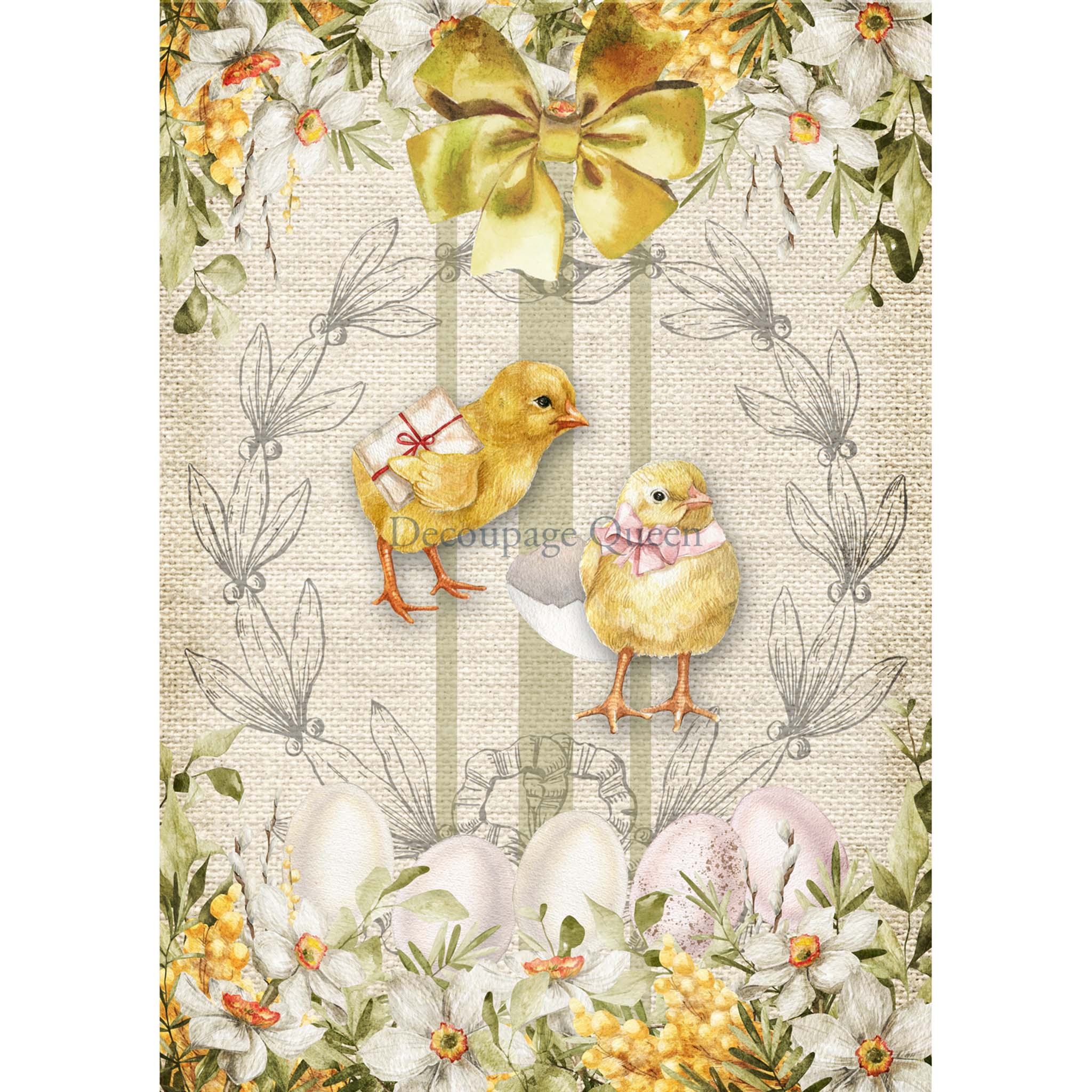 A3 rice paper design that features  two adorable yellow chicks nestled amidst a floral backdrop on a rustic grain sack. White borders are on the sides.