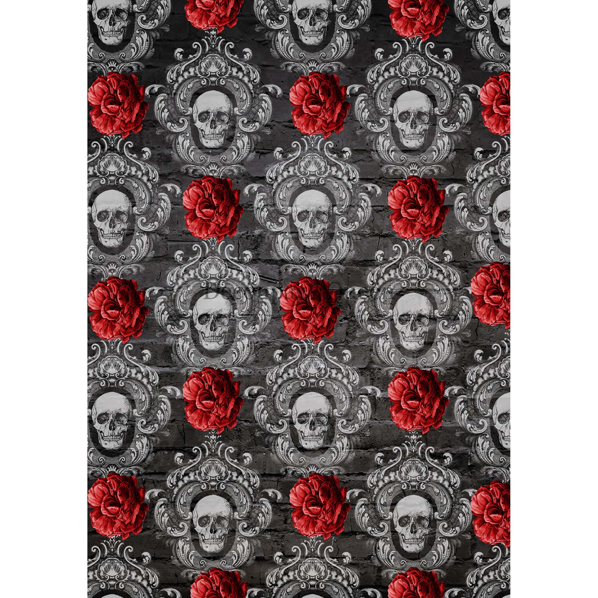 A1 rice paper design featuring repetitive skulls inside ornate brocade frames and bunched red poppies all against a dark grey brick wall background. White borders are on the sides.