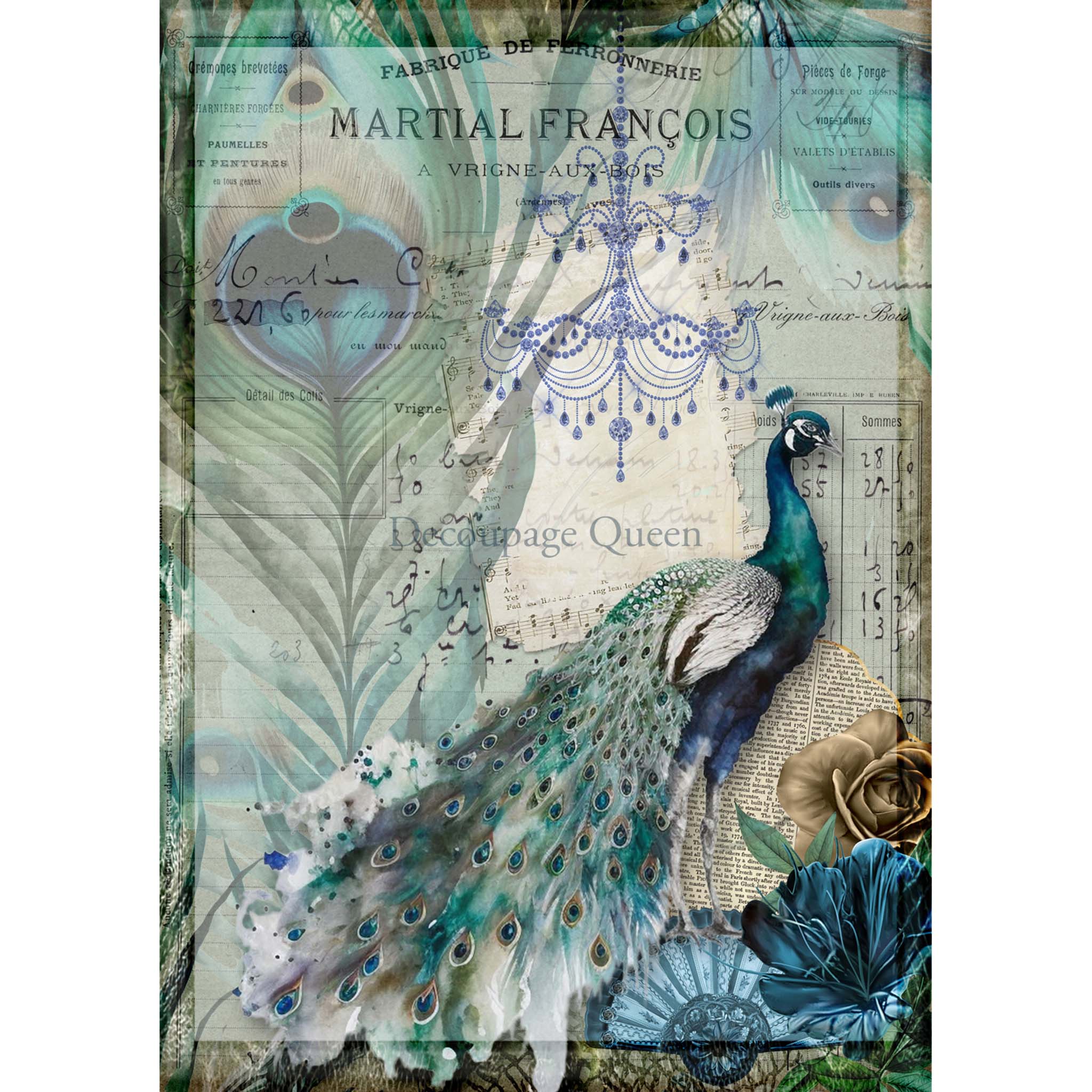 A0 rice paper design that  features a design of vintage documents adorned with peacock feathers and vivid flowers while a peacock struts across the page. White borders are on the sides.