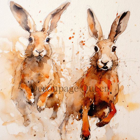 Close-up of a rice paper featuring two charming brown rabbits in a delicate watercolor design.