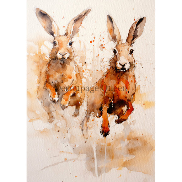 Rice paper featuring two charming brown rabbits in a delicate watercolor design.