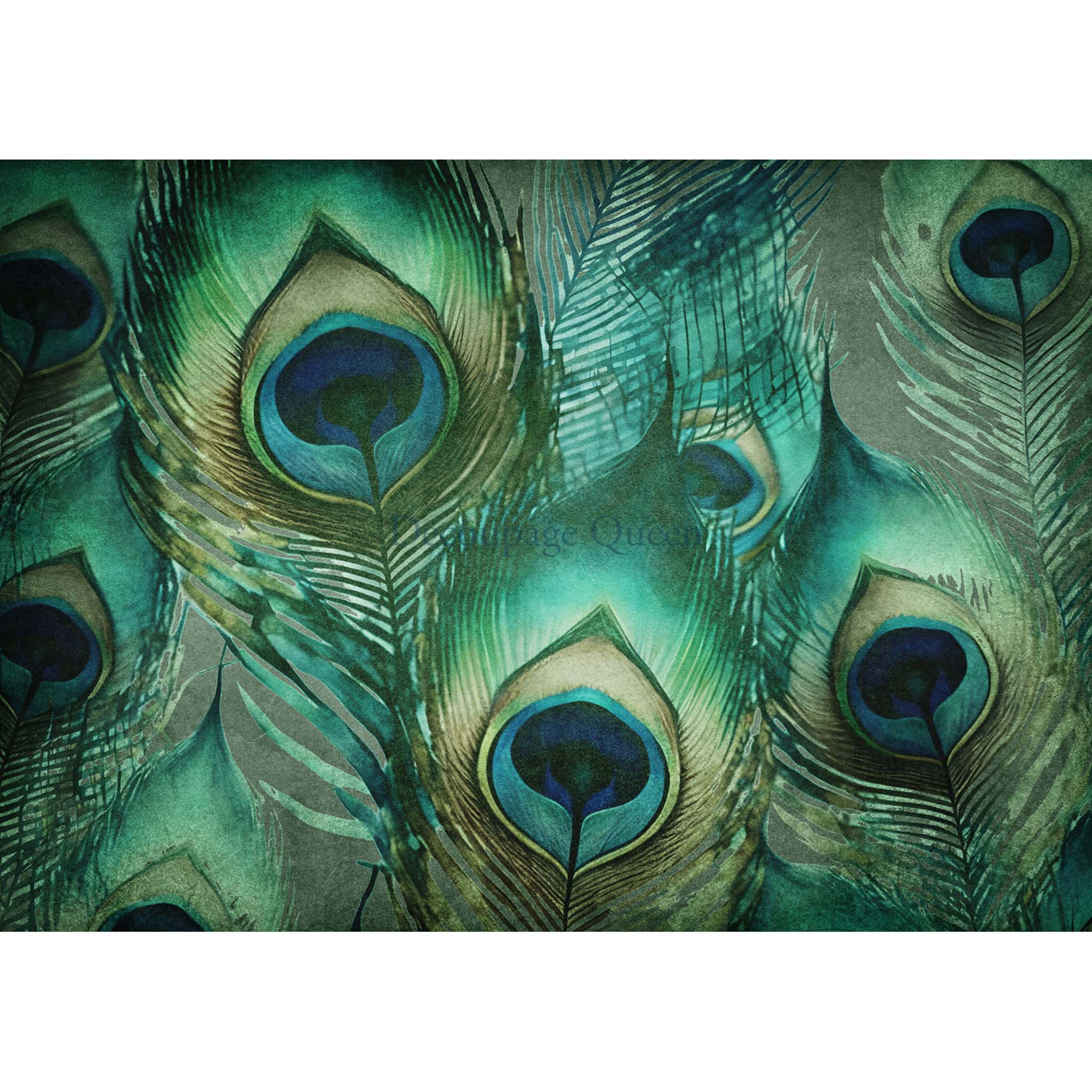 A0 rice paper design that features a closeup of peacock feathers in shades of jade, teal, and navy. White borders are on the top and bottom.