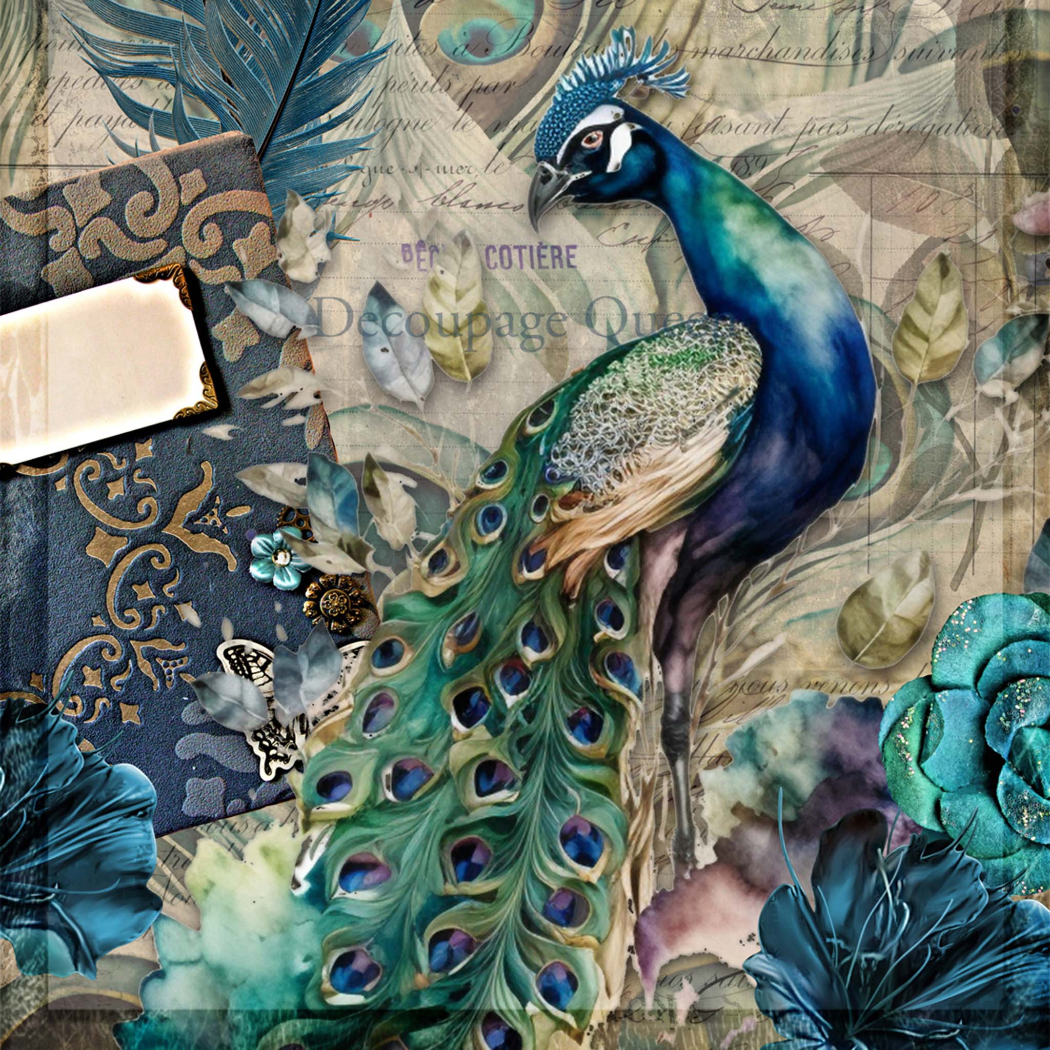 Close-up of an A0 rice paper design that features a vintage document adorned with a majestic peacock and delicate florals.