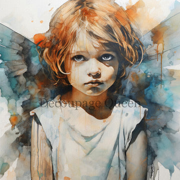 Close-up of a rice paper featuring a young angel child with soft watercolor wings gazing up at you.