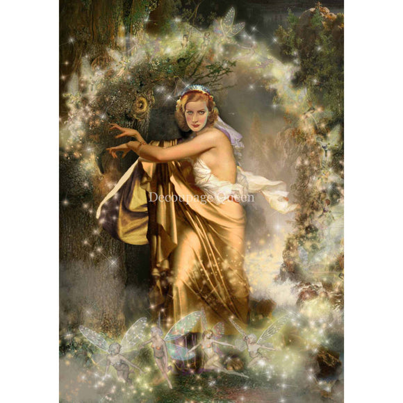 Rice paper design featuring a mystical image of the legendary sorceress Morgan Le Fay in a forest surrounded by fairies. White borders are on the sides.