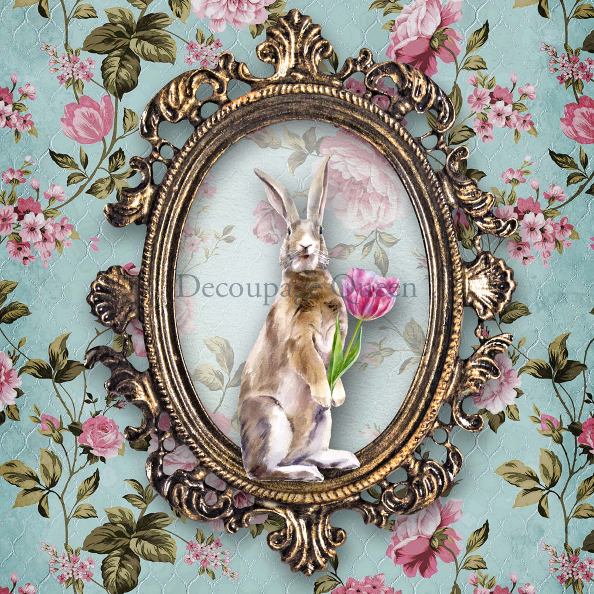 Close-up of an A3 rice paper design that features a charming brown bunny holding a tulip in an ornate frame, surrounded by pink flowers on an aqua background. 