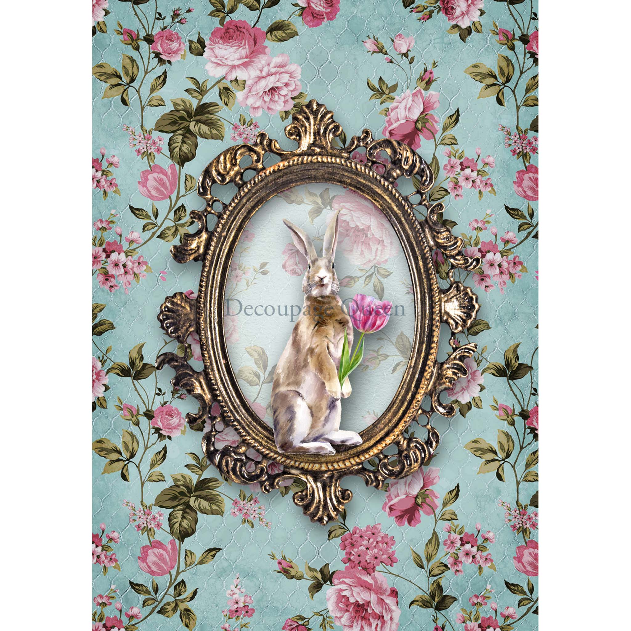 A4 rice paper design that features a charming brown bunny holding a tulip in an ornate frame, surrounded by pink flowers on an aqua background. White borders are on the sides.