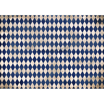 Rice paper featuring a blue and white harlequin diamond pattern. White borders are on the top and bottom.