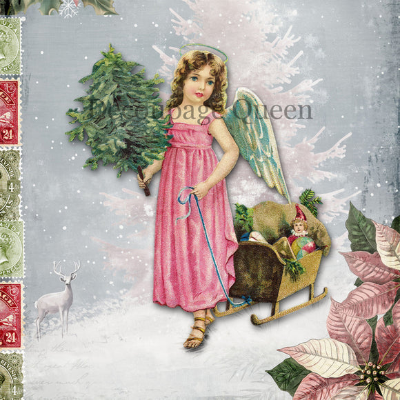Close-up of a rice paper featuring an angel girl in a pink dress with a sleigh full of gifts standing against a snowy backdrop with pink poinsettia flowers in the top left and bottom right corners.
