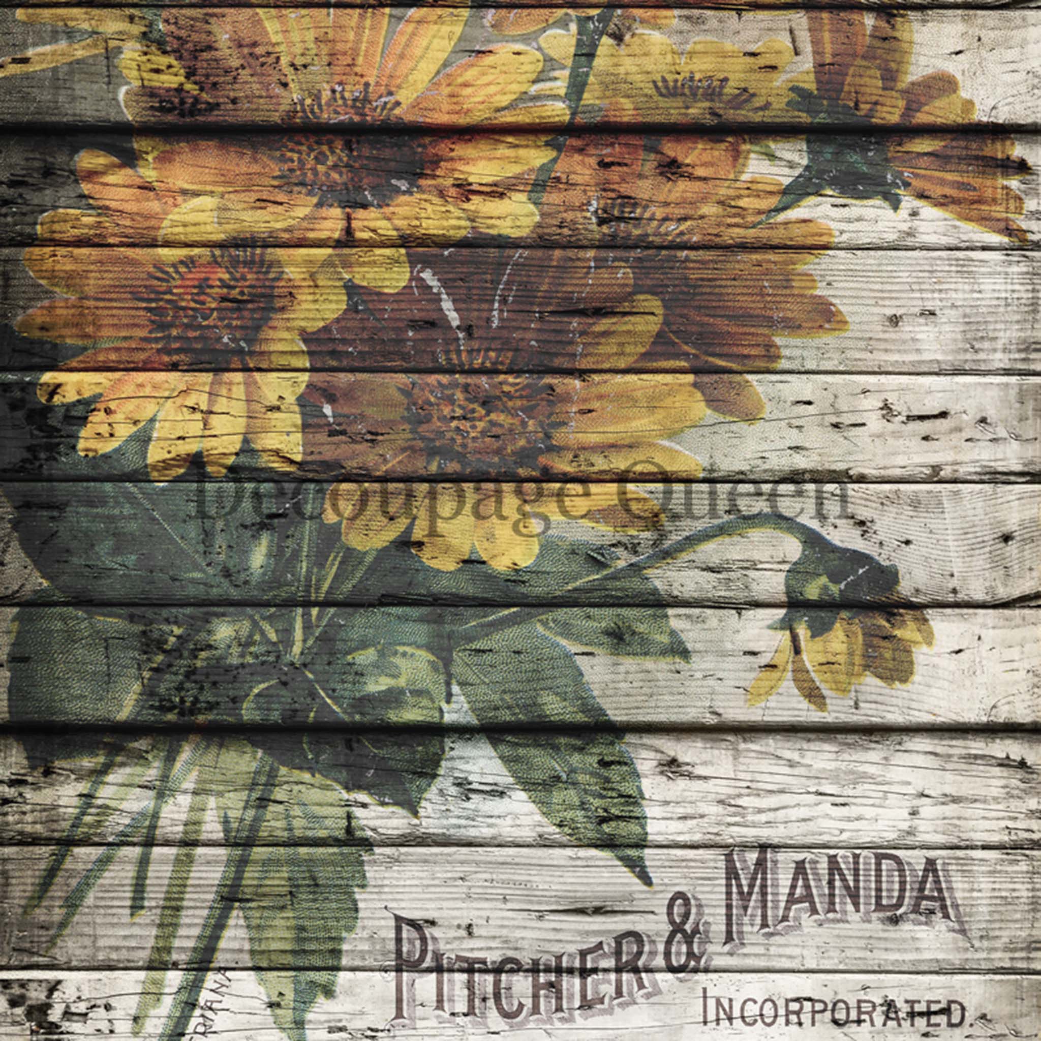 A2 rice paper design that features weathered wood with a bouquet of yellow flowers and printed text that reads: Pitcher & Manda Incorporated, Short Hills, New Jersey, USA.