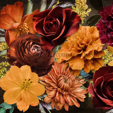 Close-up of a rice paper design that features large burgundy, orange, and autumn colored flowers.