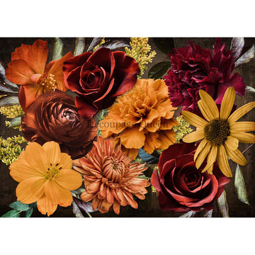 Rice paper design that features large burgundy, orange, and autumn colored flowers. White borders are on the top and bottom.