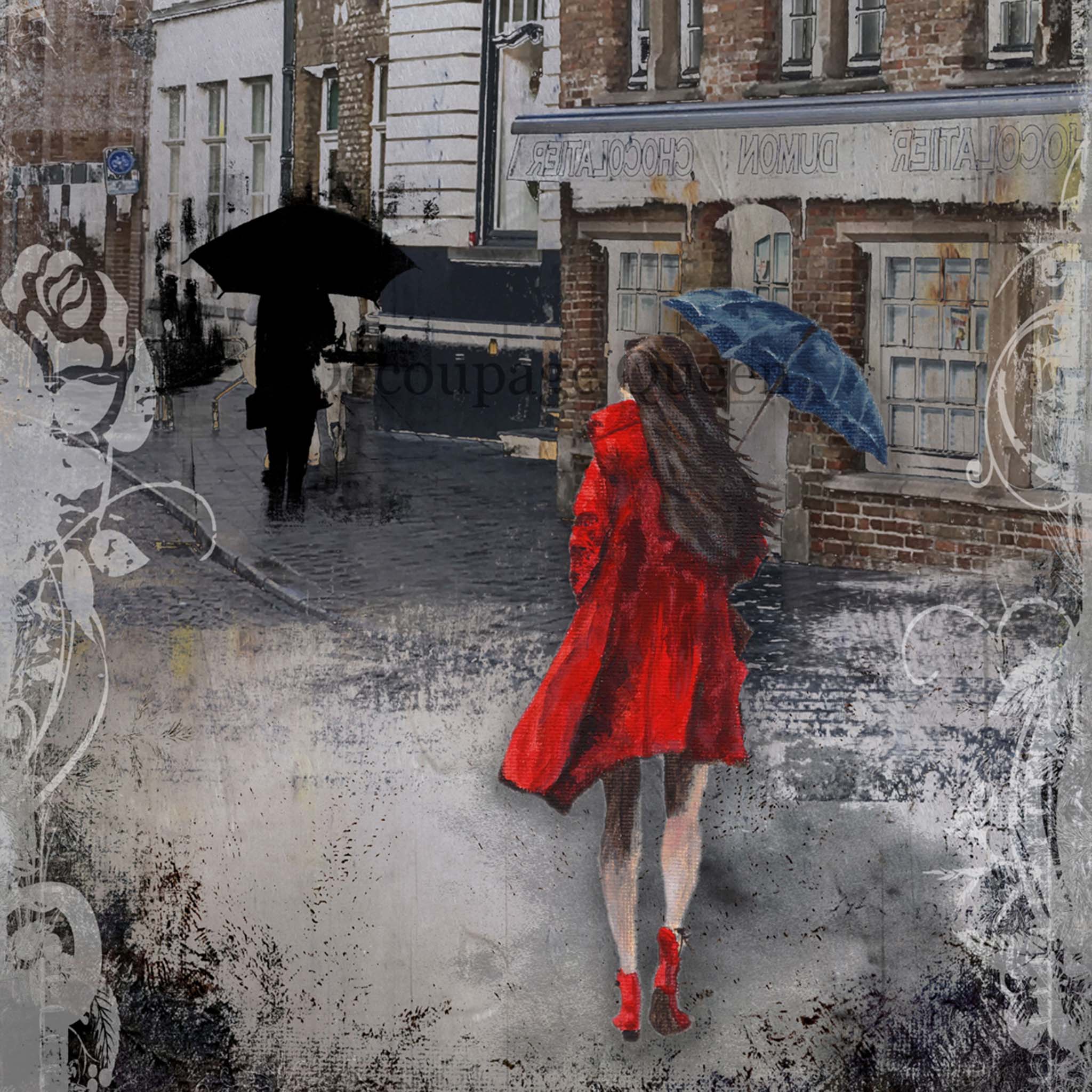 A2 rice paper design that features a charming woman in a red coat walking down a wet street. 