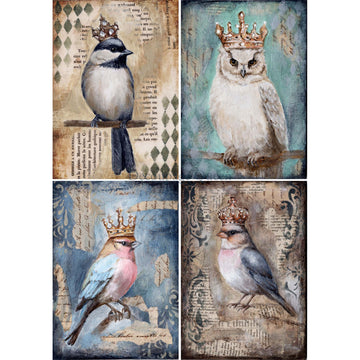 A4 rice paper featuring four designs of birds wearing crowns in front of distressed backgrounds. White borders are on the sides.