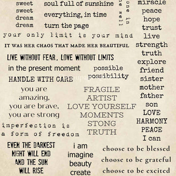 Close-up of a rice paper design that features inspirational quotes on a vintage paper background.