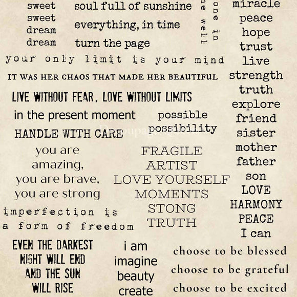 Close-up of a rice paper design that features inspirational quotes on a vintage paper background.