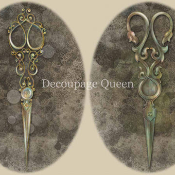 Close-up of a rice paper featuring 2 oval images of ornate seamstress scissors.