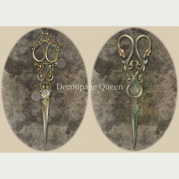 Rice paper featuring 2 oval images of ornate seamstress scissors.