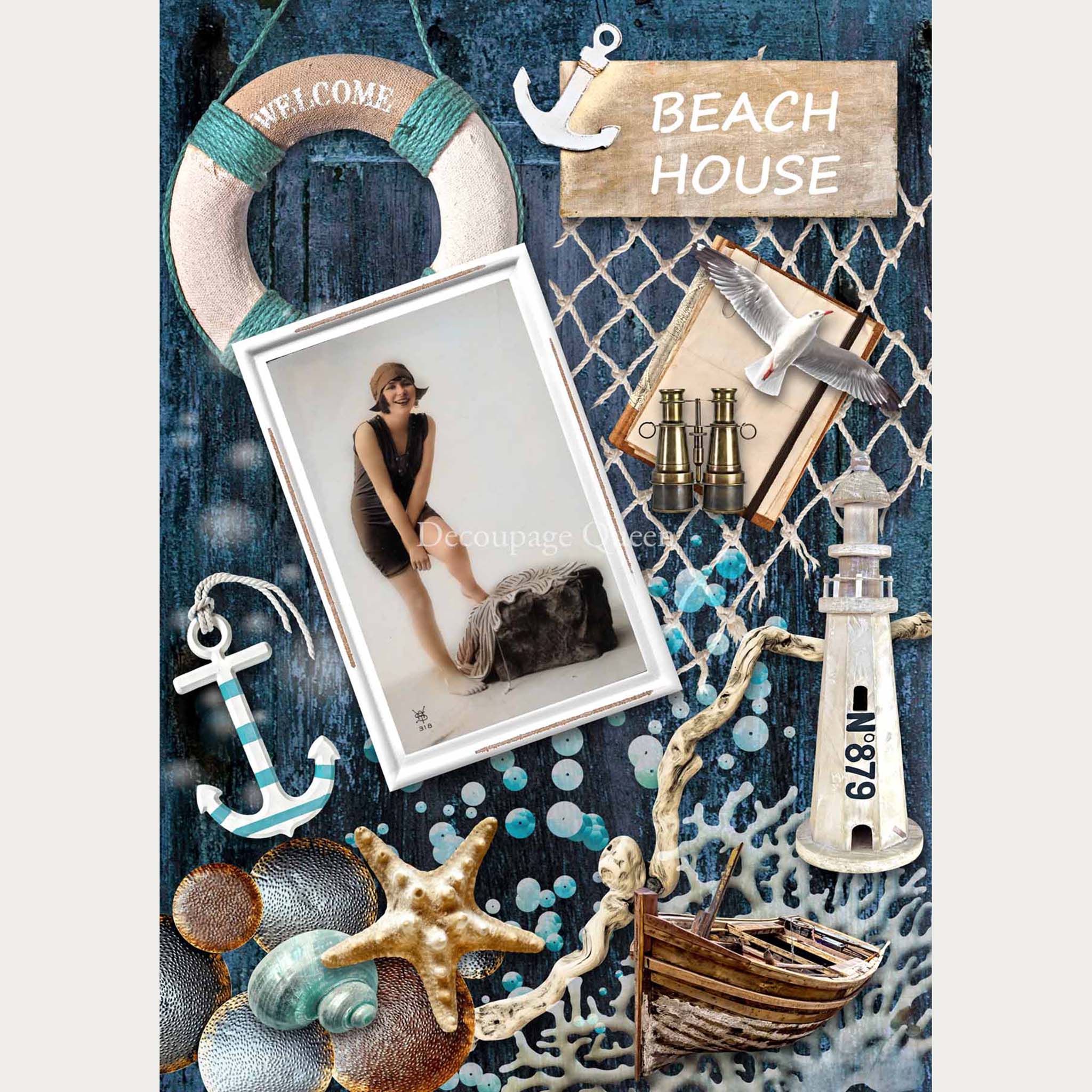 A4 rice paper design of a collage of beach house decorations and a portrait of a vintage 1920's woman in a swimsuit. White borders on the sides.