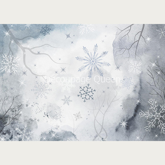 Rice paper design that features wintery hues of blue and gray with snowflakes. White borders are on the top and bottom.