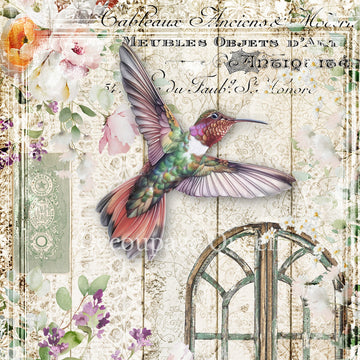 Close-up of a rice paper that features a beautiful hummingbird design over a vintage document and surrounded by flowers.