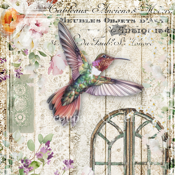 Close-up of a rice paper that features a beautiful hummingbird design over a vintage document and surrounded by flowers.