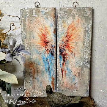 Two plaster of Paris wall decor pieces created by The Royal Court feature Decoupage Queen's Any Skinner Watercolor Wings 2 A3 rice paper on them.