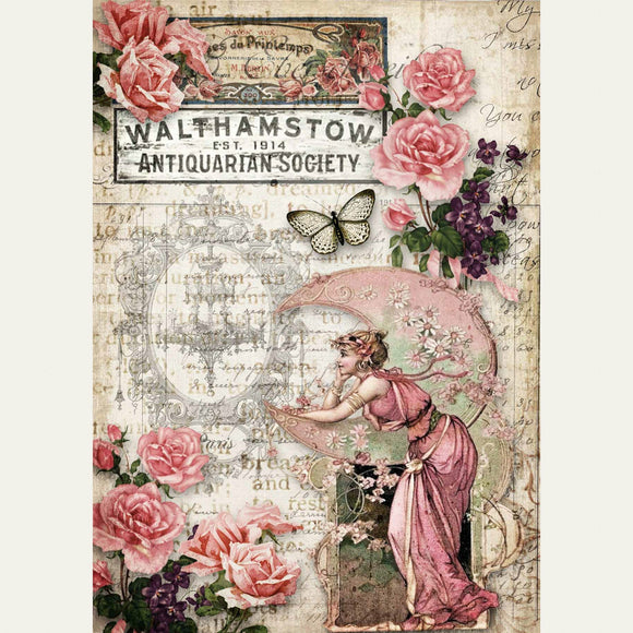 Rice paper design that features vintage parchment with writing, large pink roses, a butterfly, vintage signs, and a woman in a pink dress resting on a pale pink crescent moon. White borders on the sides.