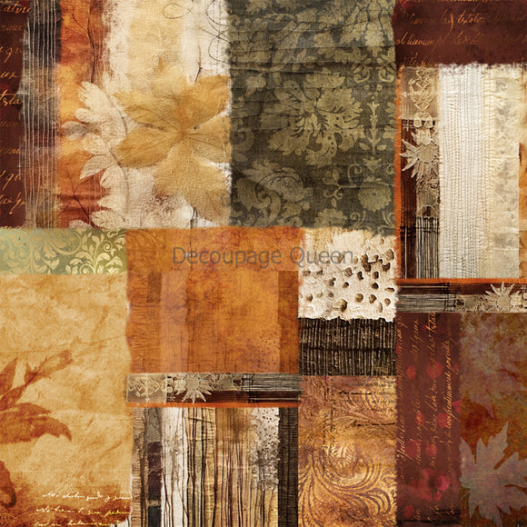 Close-up of a rice paper featuring a patchwork collage of fall leaf designs and vintage notes.