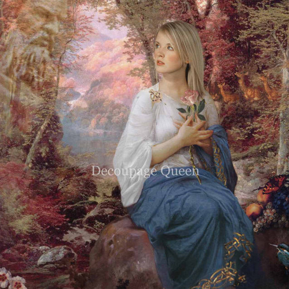 Close-up of a rice paper featuring a beautiful blonde goddess sitting in a vibrant forest.