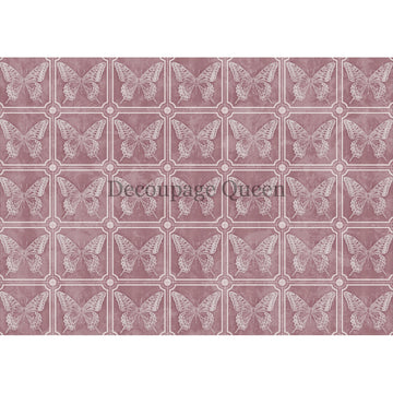 Rice paper featuring a charming mauve butterfly tile pattern. White borders are on the top and bottom.