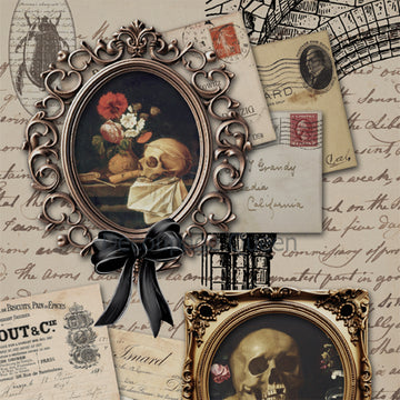 Close-up of a rice paper design that features a stack of vintage letters, receipts, and envelopes behind framed skulls and beetles.
