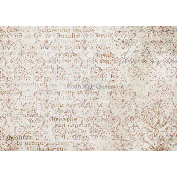 Rice paper featuring a vintage document against a distressed damask pattern.