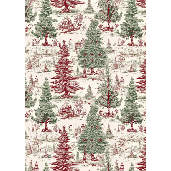 Rice paper design featuring a vintage red and green Christmas tree toile pattern. White borders are on the sides.