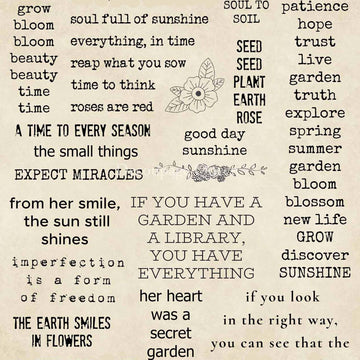 Close-up of a rice paper featuring charming garden sentiments and quotes.