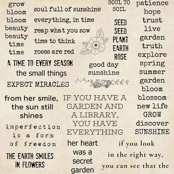 Close-up of a rice paper featuring charming garden sentiments and quotes.