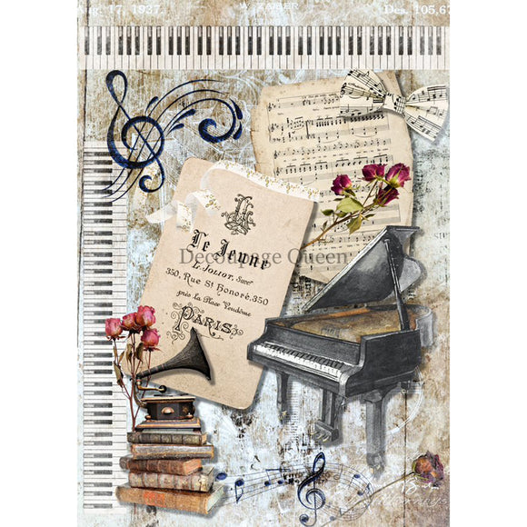 Rice paper featuring a collage of sheet music and piano keys, a grand piano, and a Victrola on books.