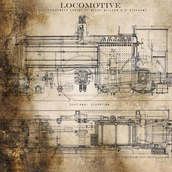 Close-up of a rice paper featuring a sketch of a train on a sepia toned background.