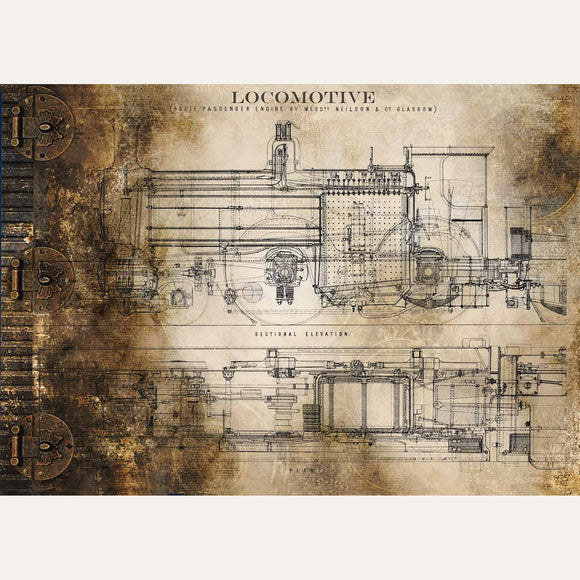 Rice paper featuring a sketch of a train on a sepia toned background. White borders are on the top and bottom.