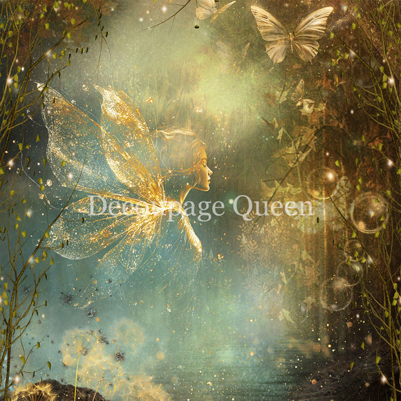 Close-up of a rice paper featuring a whimsical fairy surrounded by dandelions, bubbles, and butterflies in a misty forest.