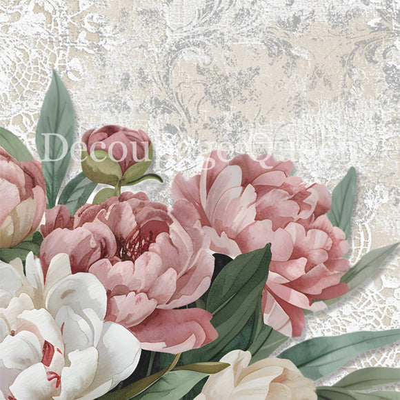 Close-up of a rice paper that features a stunning bouquet of pink and white peonies set against a flourished background.