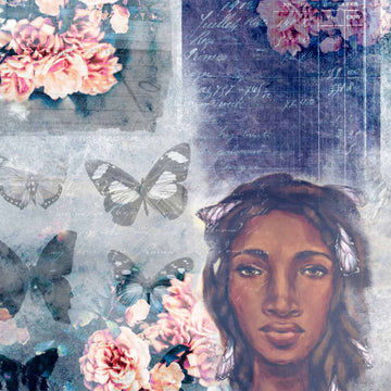 Close-up of a rice paper featuring a dreamy woman, butterflies, and pink roses with subtle script atop a soft blue backdrop.